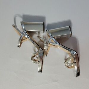Nina NWOT Steven Block Heel Silver Rhinestone Sandal Shoe Wedding Homecoming  6